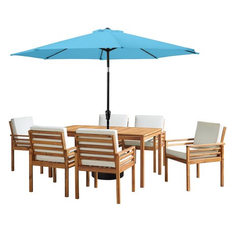 Alaterre Furniture 8 Piece Set, Okemo Table with 6 Chairs, 10-Foot Auto Tilt Umbrella Blue ANOK01RD01S6
